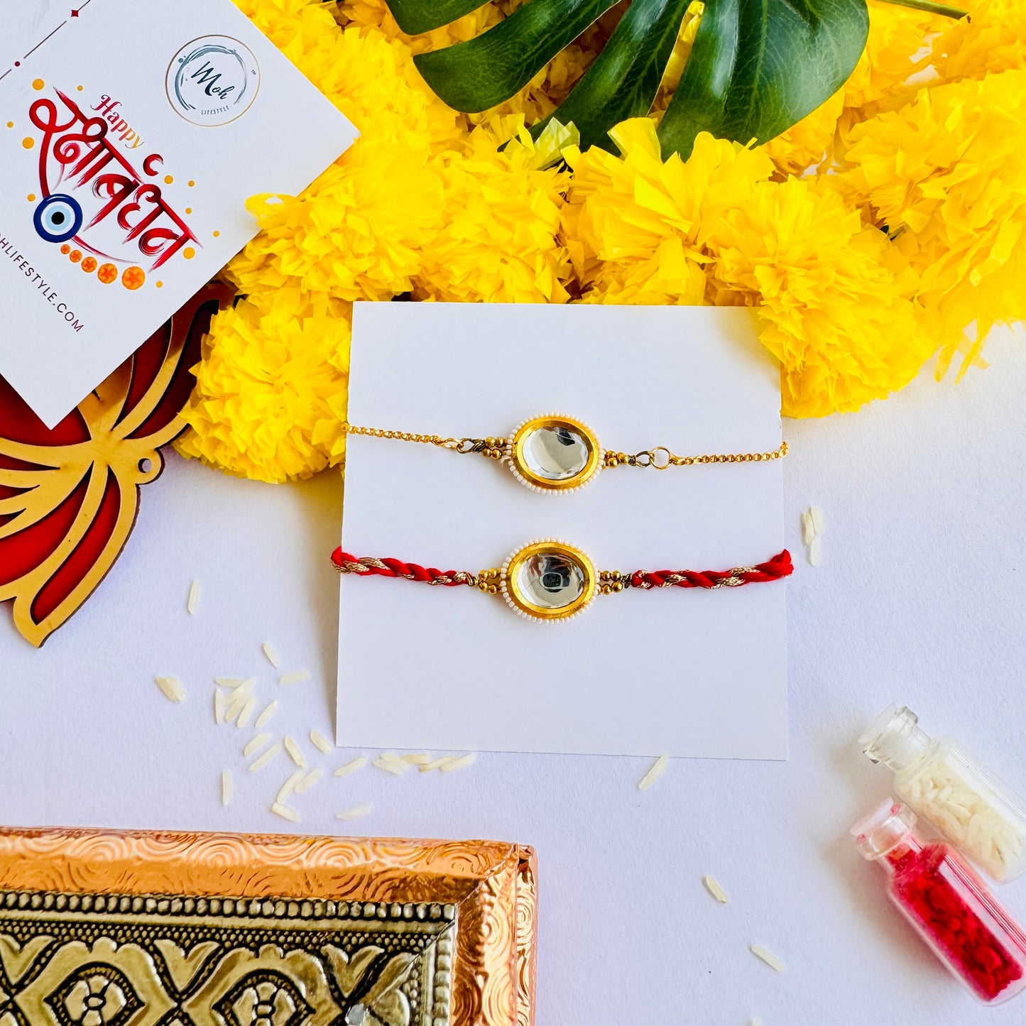 Kundan Red Rakhi + Lumba